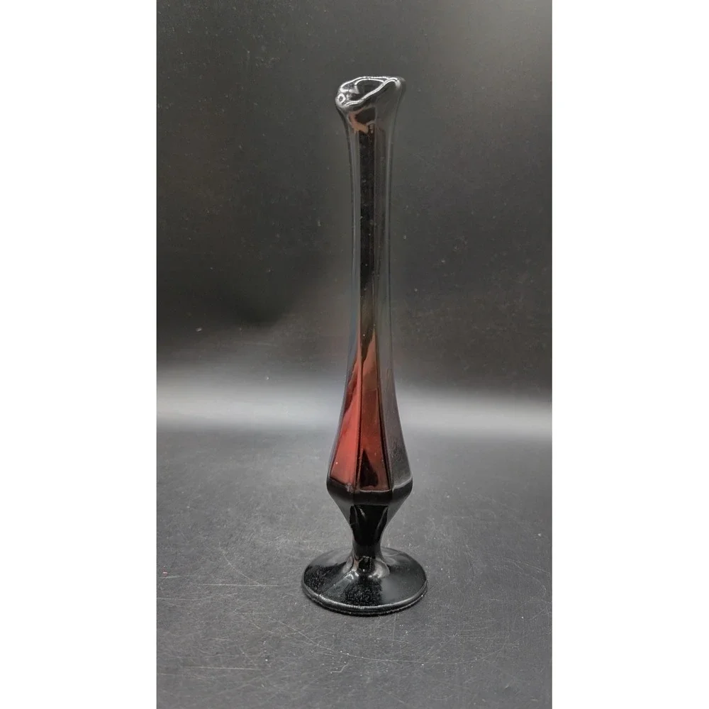 Vintage Fenton Black Amethyst Glass Bud Vase Tall Slender Paneled Pedestal 9